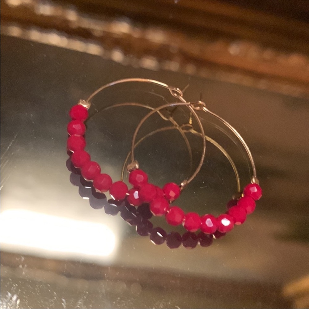 Red and Gold Beaded Boho Hoop Earrings